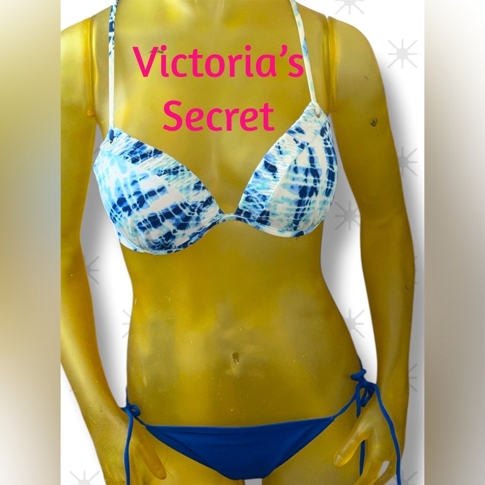 Victoria’s Secret bikini Sz M Blue tye-dyed uplift bra top & cobalt scrunchbutt